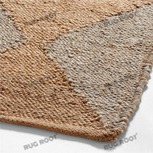 Load image into Gallery viewer, Handwoven Jute &amp; Wool Rug – Grey &amp; Natural Geometric Diamond Pattern
