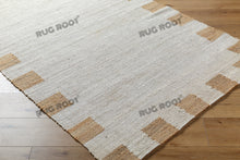 Load image into Gallery viewer, Handwoven Jute &amp; Wool Rug with Minimalist Border Design - Natural, Beige &amp; Brown
