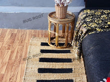 Load image into Gallery viewer, Handwoven Jute &amp; Wool Runner Rug – Natural &amp; Black Stripe Pattern
