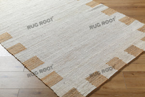 Handwoven Jute & Wool Rug with Minimalist Border Design - Natural, Beige & Brown
