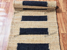 Load image into Gallery viewer, Handwoven Jute &amp; Wool Runner Rug – Natural &amp; Black Stripe Pattern
