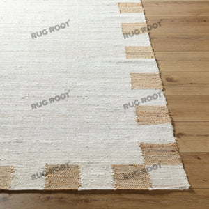 Handwoven Jute & Wool Rug with Minimalist Border Design - Natural, Beige & Brown