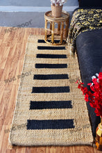 Load image into Gallery viewer, Handwoven Jute &amp; Wool Runner Rug – Natural &amp; Black Stripe Pattern
