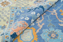 Load image into Gallery viewer, Lively Blue Oushak Rug with Lemon &amp; Orange Accents, Vibrant Modern Addition to Your Living Room
