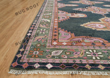 Load image into Gallery viewer, Emerald &amp; Navy Tapestry | Handwoven Turkish Oushak Rug with Pink Accents | Wool
