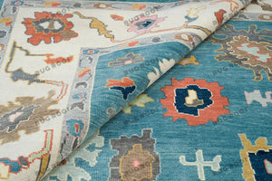 Teal Oushak Rug Handknotted | Turkish Rug with Ivory Accent
