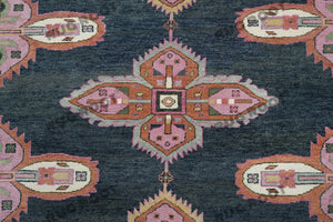 Emerald & Navy Tapestry | Handwoven Turkish Oushak Rug with Pink Accents | Wool