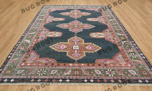 Emerald & Navy Tapestry | Handwoven Turkish Oushak Rug with Pink Accents | Wool